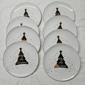 Pier 1 Holly Jolly Christmas Metallic Gold Porcelain 8 Dessert Appetizer Plates